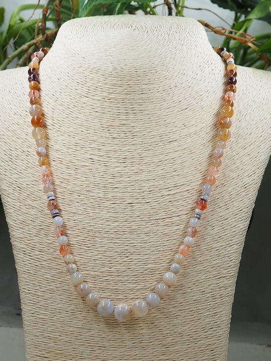 Australian Agate Mid Length Necklace with Fire Quartz and Kabebe Shell Heishe