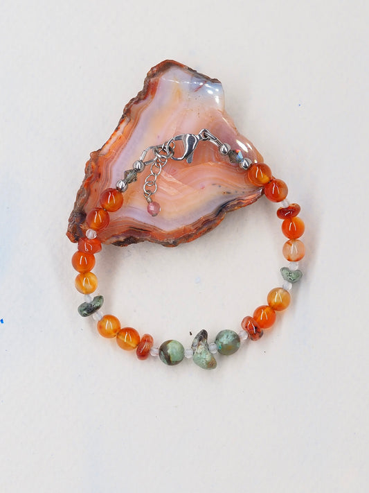 African Turquoise, Carnelian & Strawberry Quartz Crystal Slender Bracelet with Stainless Steel Extender Chain