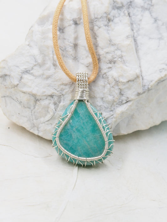 Amazonite & Sterling Silver Hand Wrapped Reversible Pendant