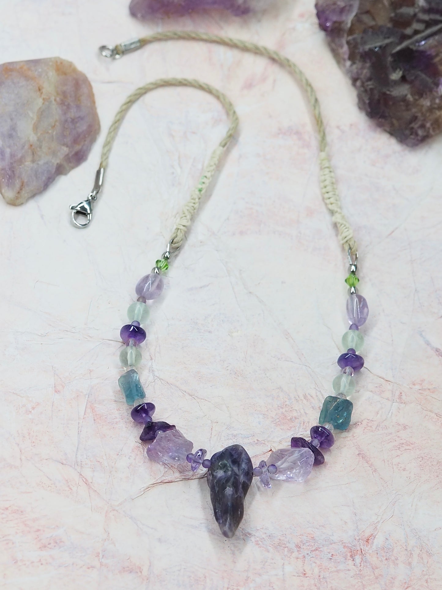 One-of-a-kind Amethyst & Rainbow Fluorite Pendant Necklace with Rough Cut Nugget