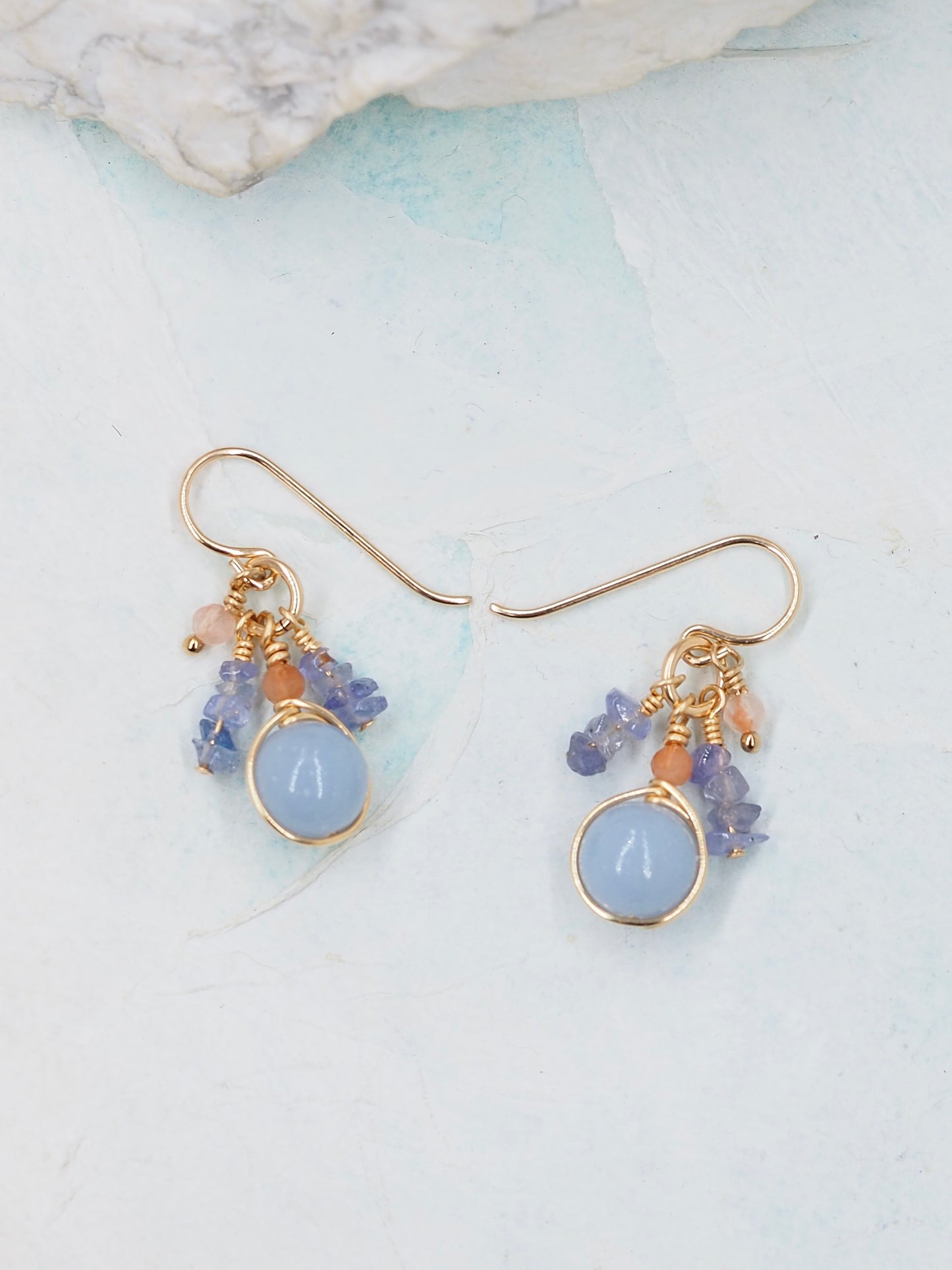 Blue Angelite, Tanzanite & Fire Quartz Gold Filled Cluster Earrings