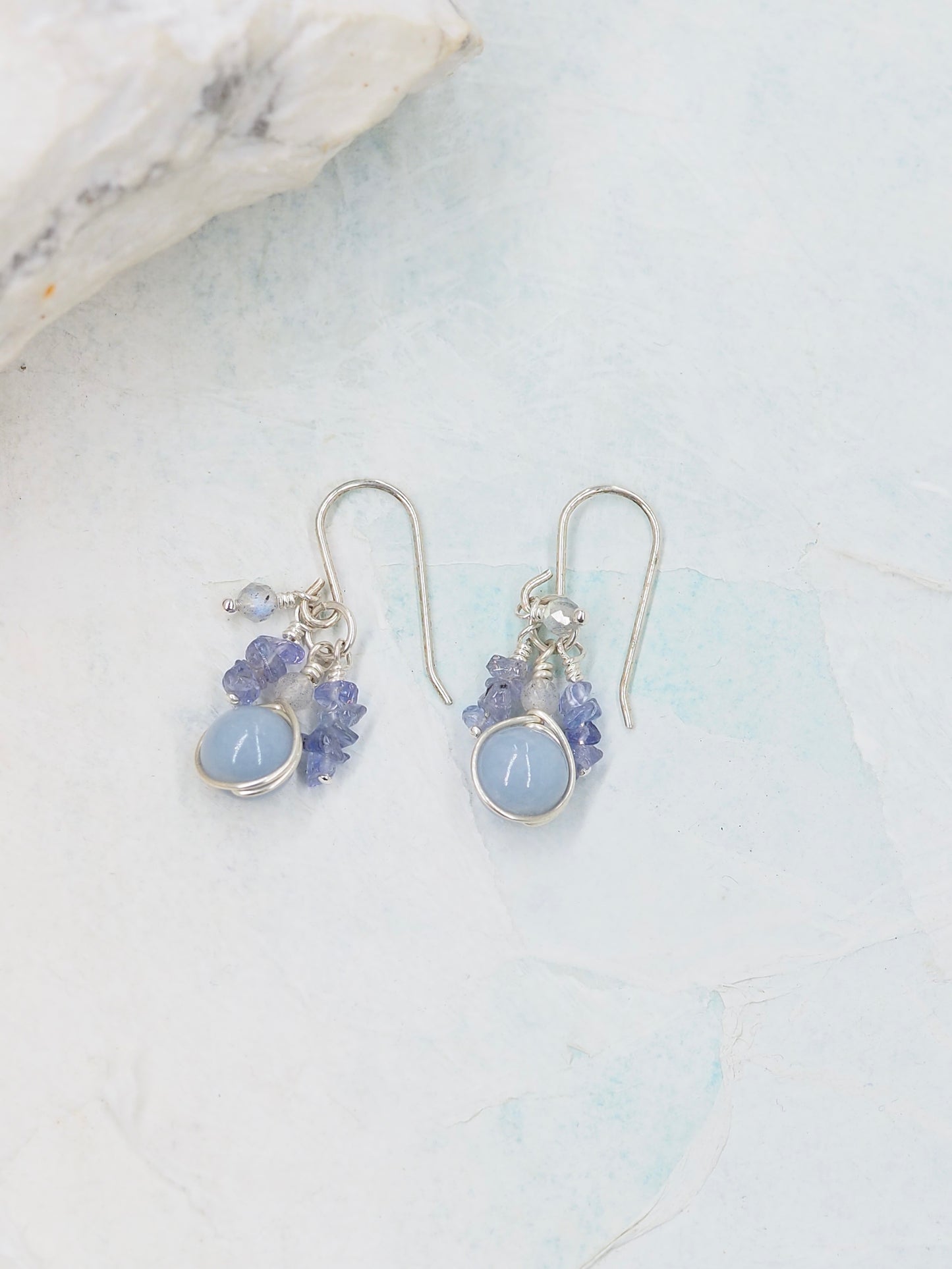 Blue Angelite, Tanzanite & Labradorite Sterling Silver Cluster Earrings