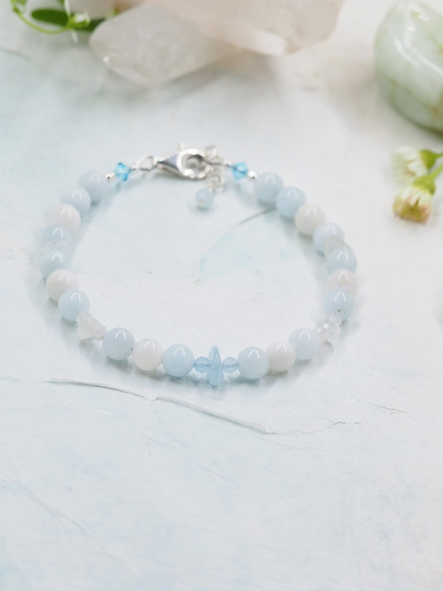 Aquamarine & White Rainbow Moonstone Slender Bracelet