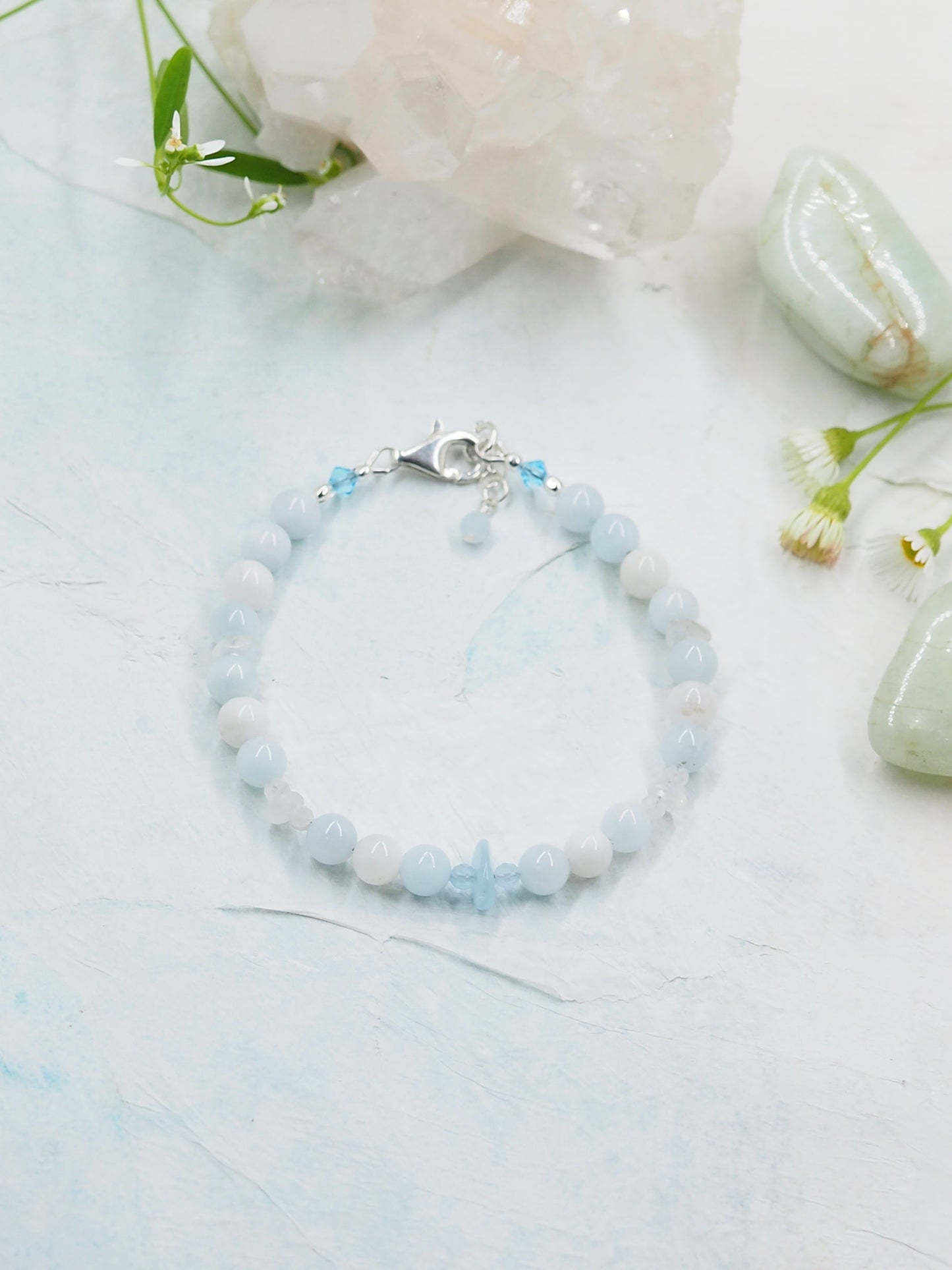 Aquamarine & White Rainbow Moonstone Slender Bracelet