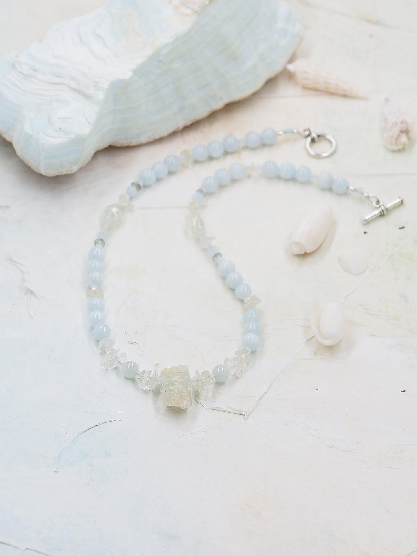 One-of-a-kind Aquamarine and Rainbow Moonstone Choker with Rough Cut Nugget