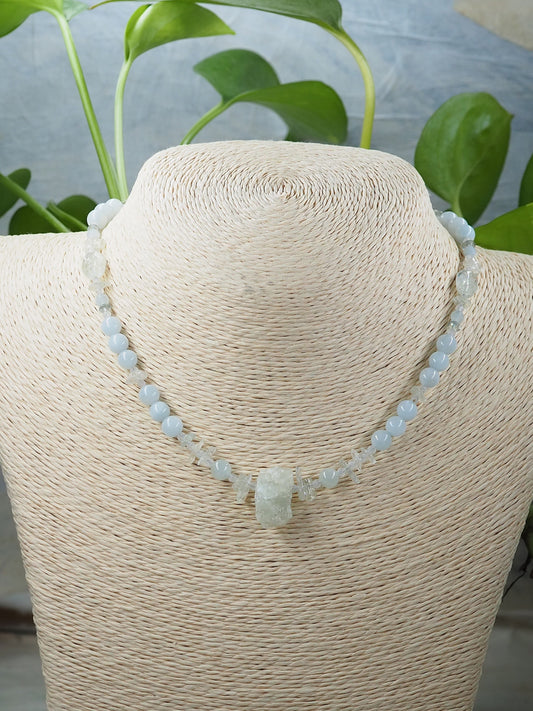 One-of-a-kind Aquamarine and Rainbow Moonstone Choker with Rough Cut Nugget