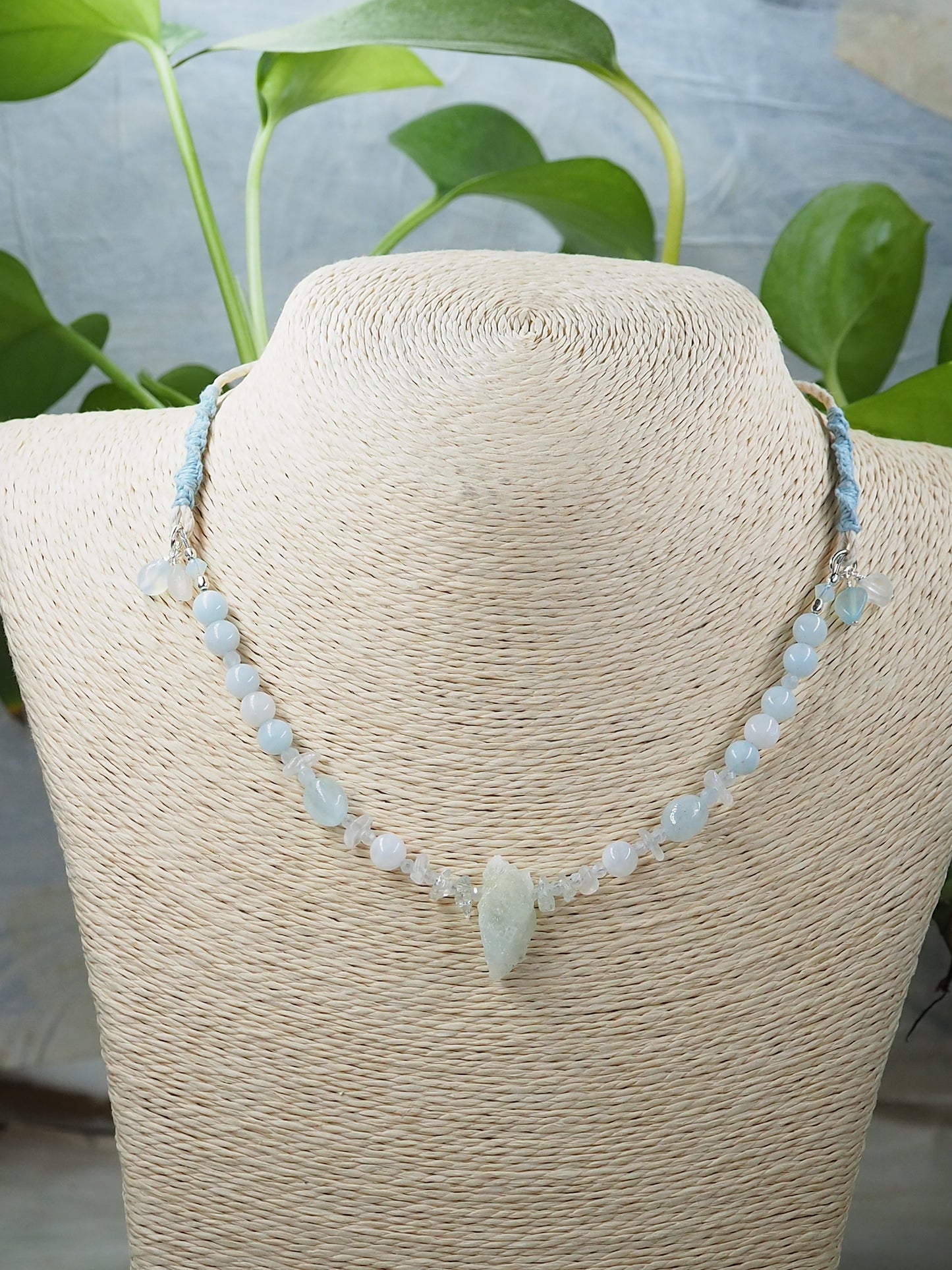 One-of-a-kind Aquamarine, Rainbow Moonstone & Hemp Handcrafted Pendant Necklace