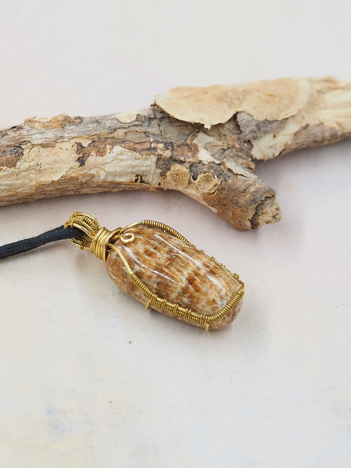 Aragonite & Brass Hand Wrapped Pendant