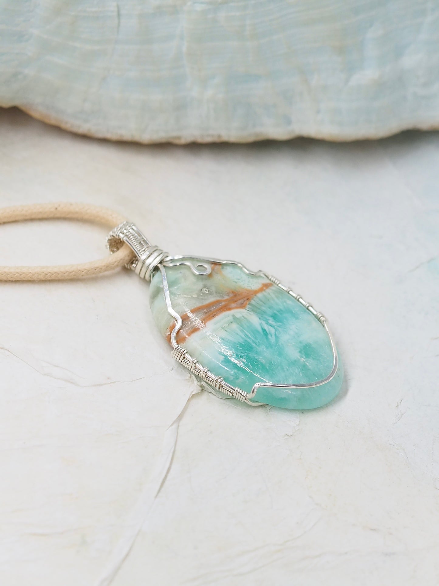 OOAK Blue Caribbean Calcite Hand Wrapped Cabochon Pendant