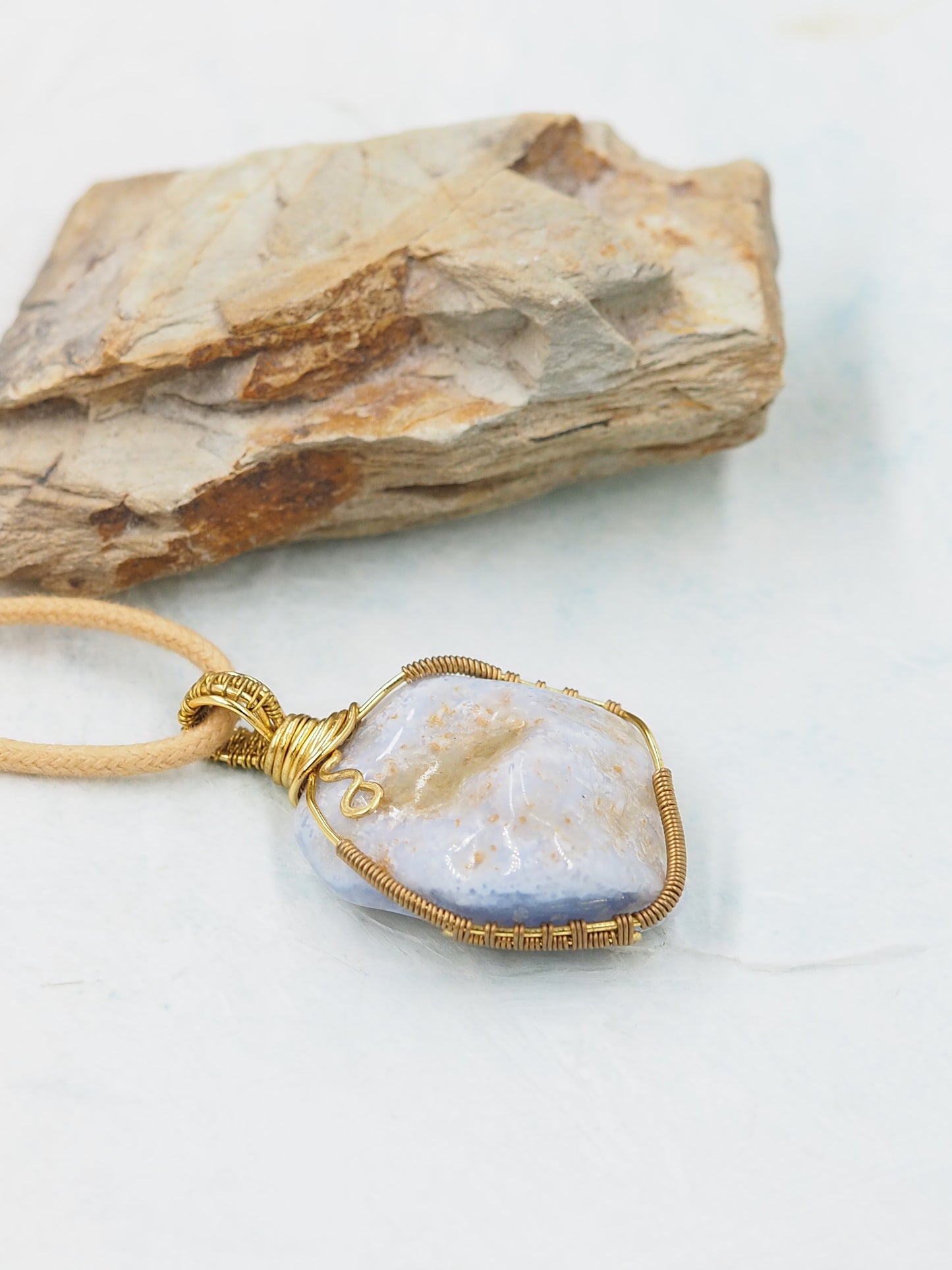 Blue Chalcedony Freeform Pendant, Hand Wrapped with Brass