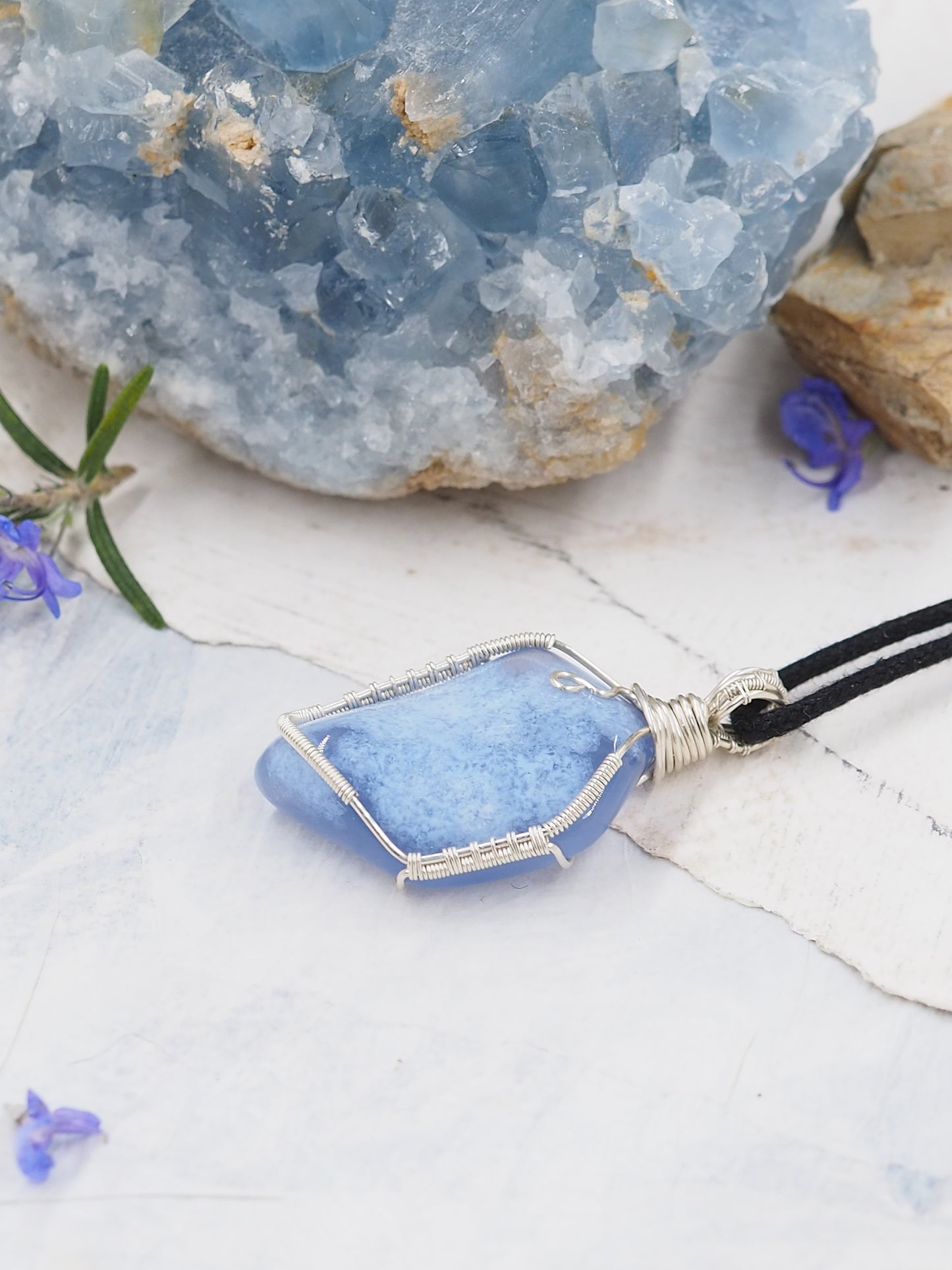 Blue Chalcedony Freeform Pendant, Hand Wrapped with Sterling Silver
