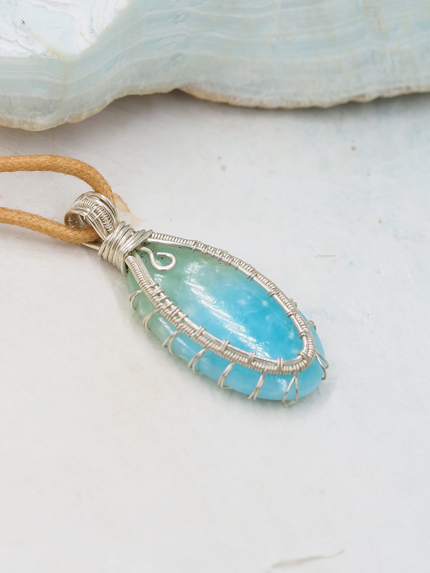 Blue-Green Hemimorphite & Sterling Silver Hand Wrapped Cabochon Pendant