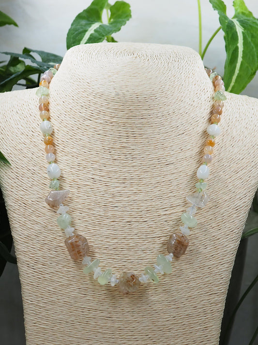 Cacoxenite, Prehnite & Moonstone OOAK Statement Necklace with Australian Agate and Peridot