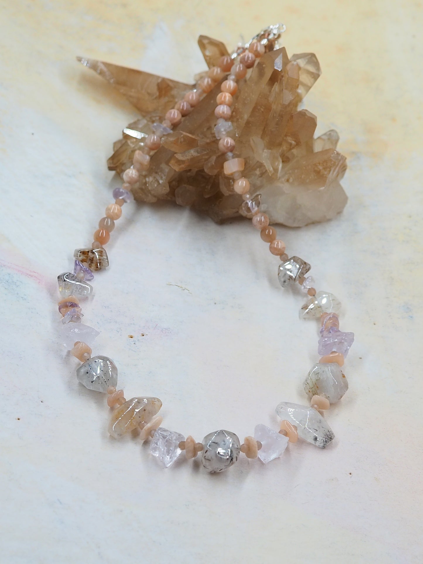 One-of-a-kind Cacoxenite, Light Amethyst & Sunstone Statement Necklace