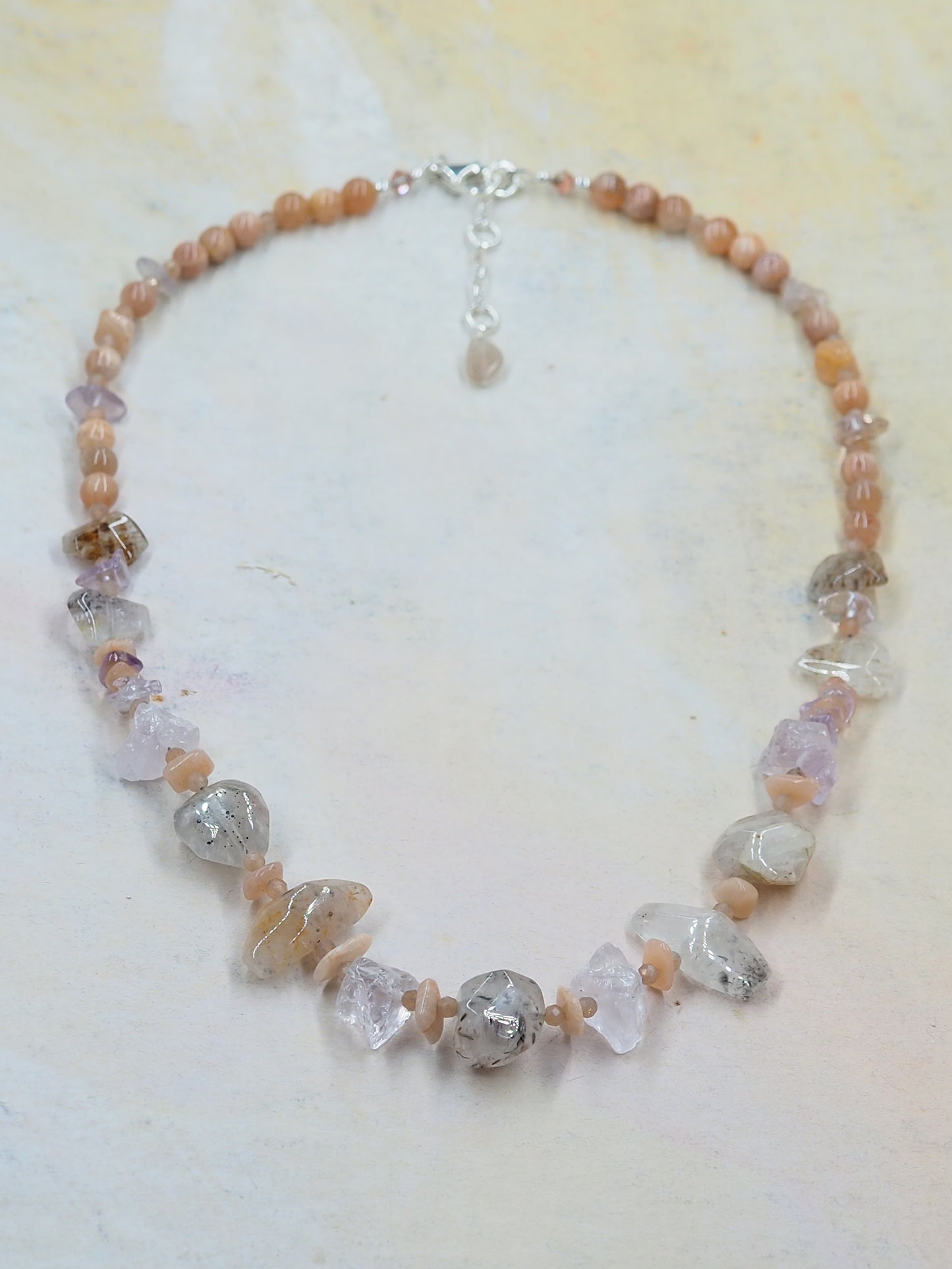 One-of-a-kind Cacoxenite, Light Amethyst & Sunstone Statement Necklace