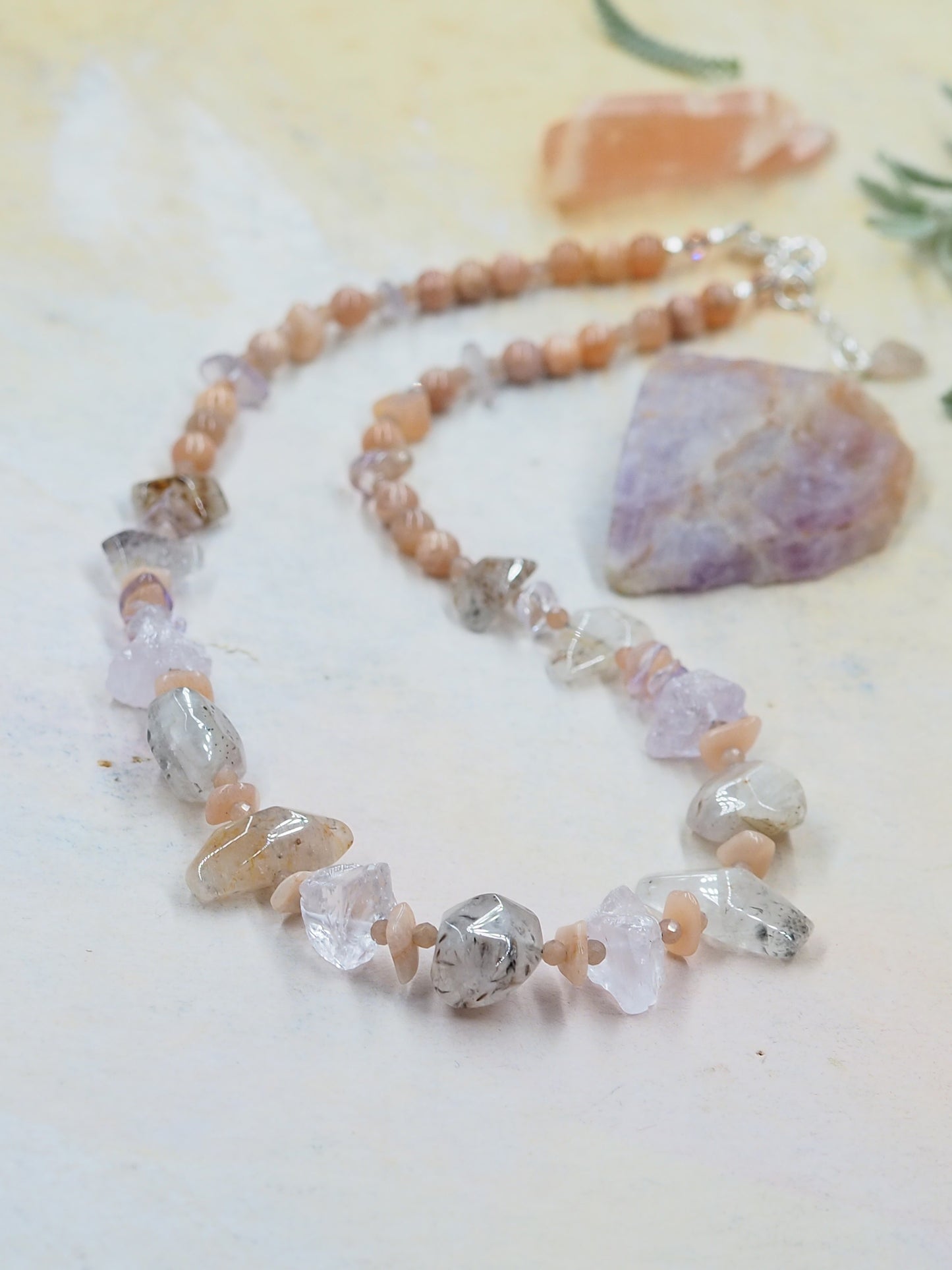 One-of-a-kind Cacoxenite, Light Amethyst & Sunstone Statement Necklace