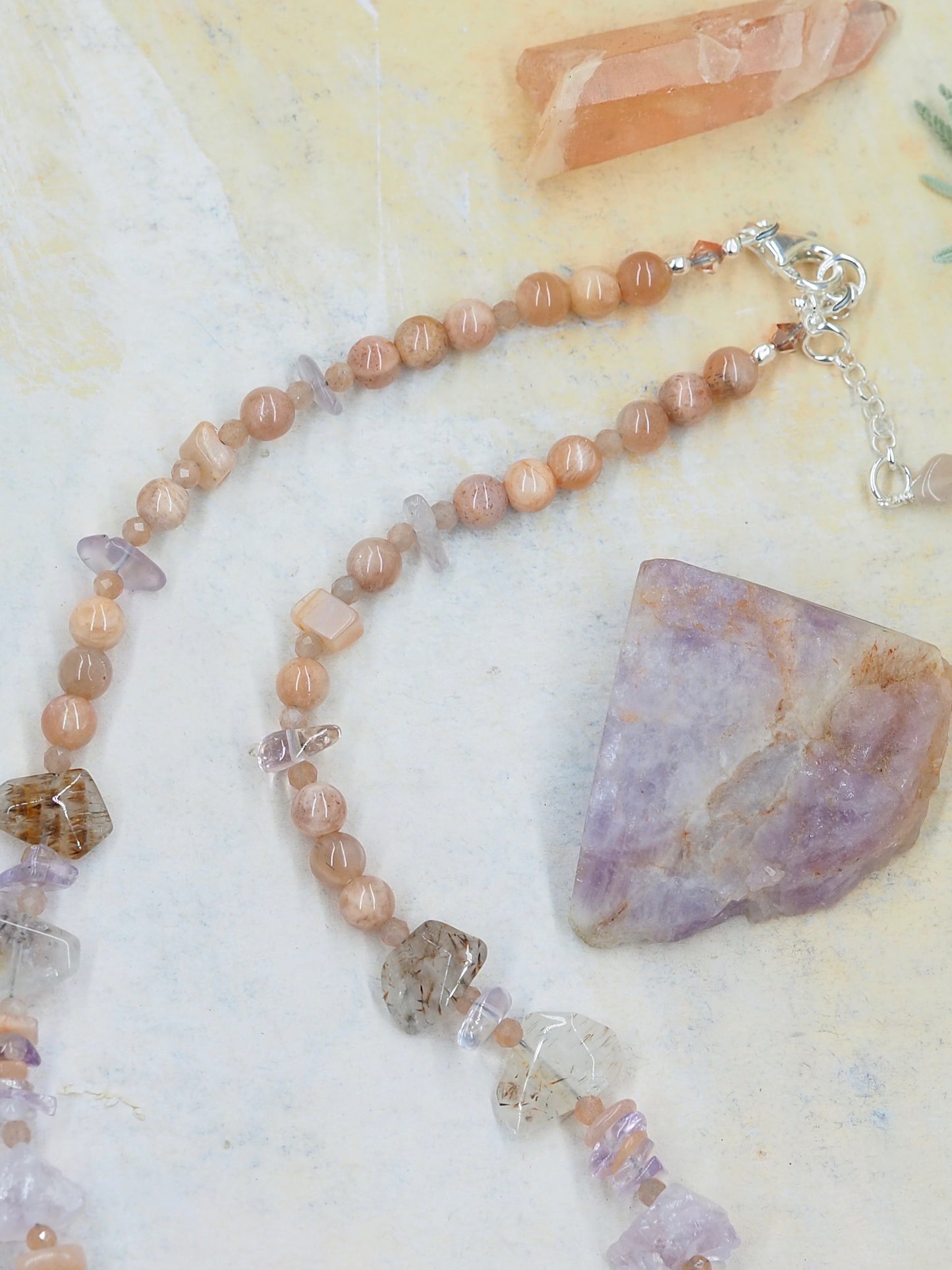 One-of-a-kind Cacoxenite, Light Amethyst & Sunstone Statement Necklace