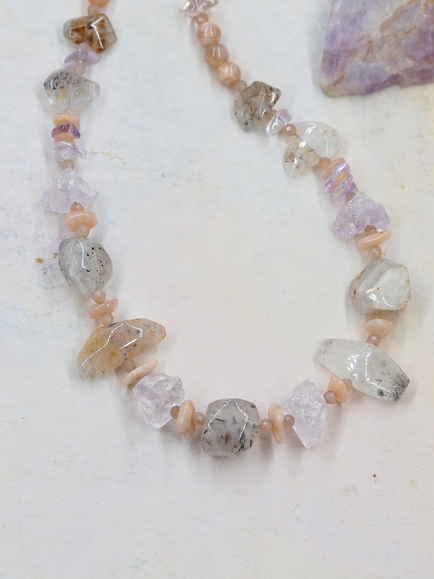 One-of-a-kind Cacoxenite, Light Amethyst & Sunstone Statement Necklace