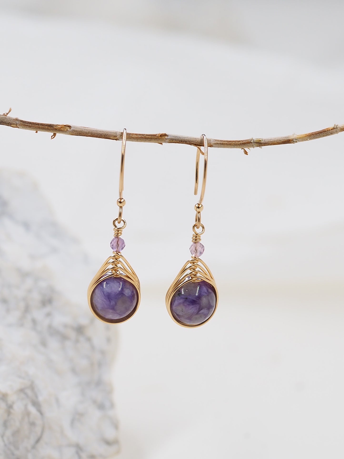 Charoite & Fluorite Hand Wrapped Gold Filled Earrings
