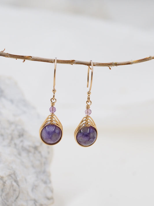 Charoite & Fluorite Hand Wrapped Gold Filled Earrings