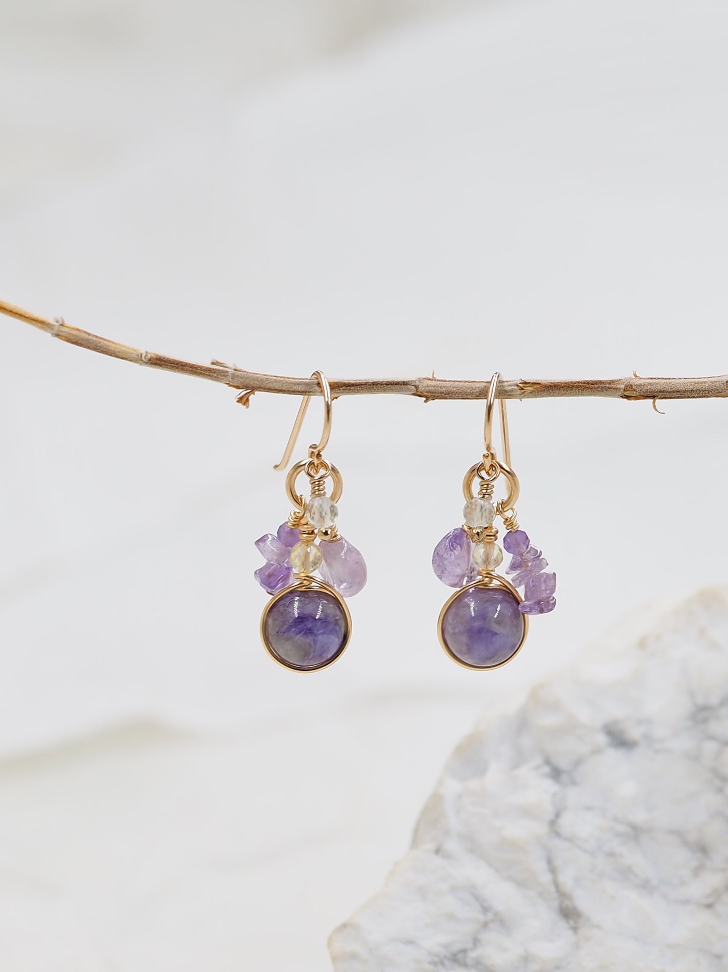 Charoite, Amethyst, Cacoxenite & Fluorite Gold Filled Cluster Earrings