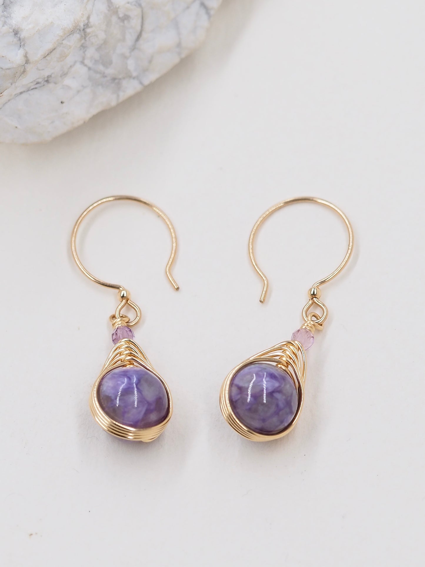 Gold Filled Charoite & Fluorite Hand Wire Wrapped Earrings