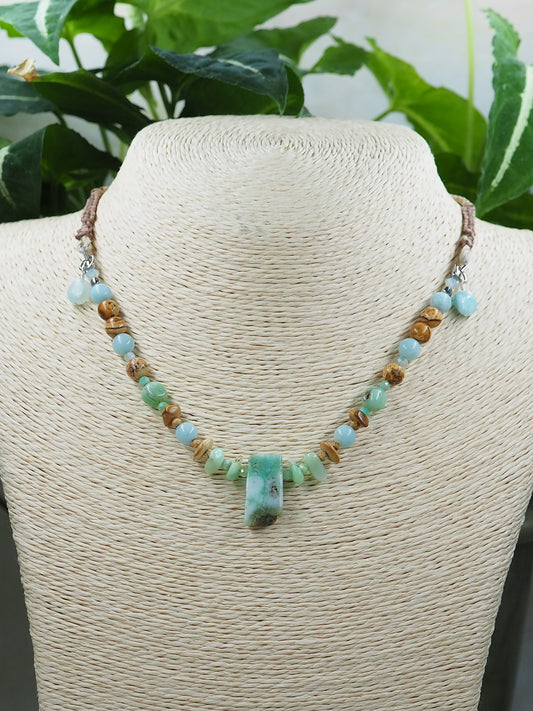 Chrysoprase, Amazonite & Picture Jasper Pendant Necklace on Hemp
