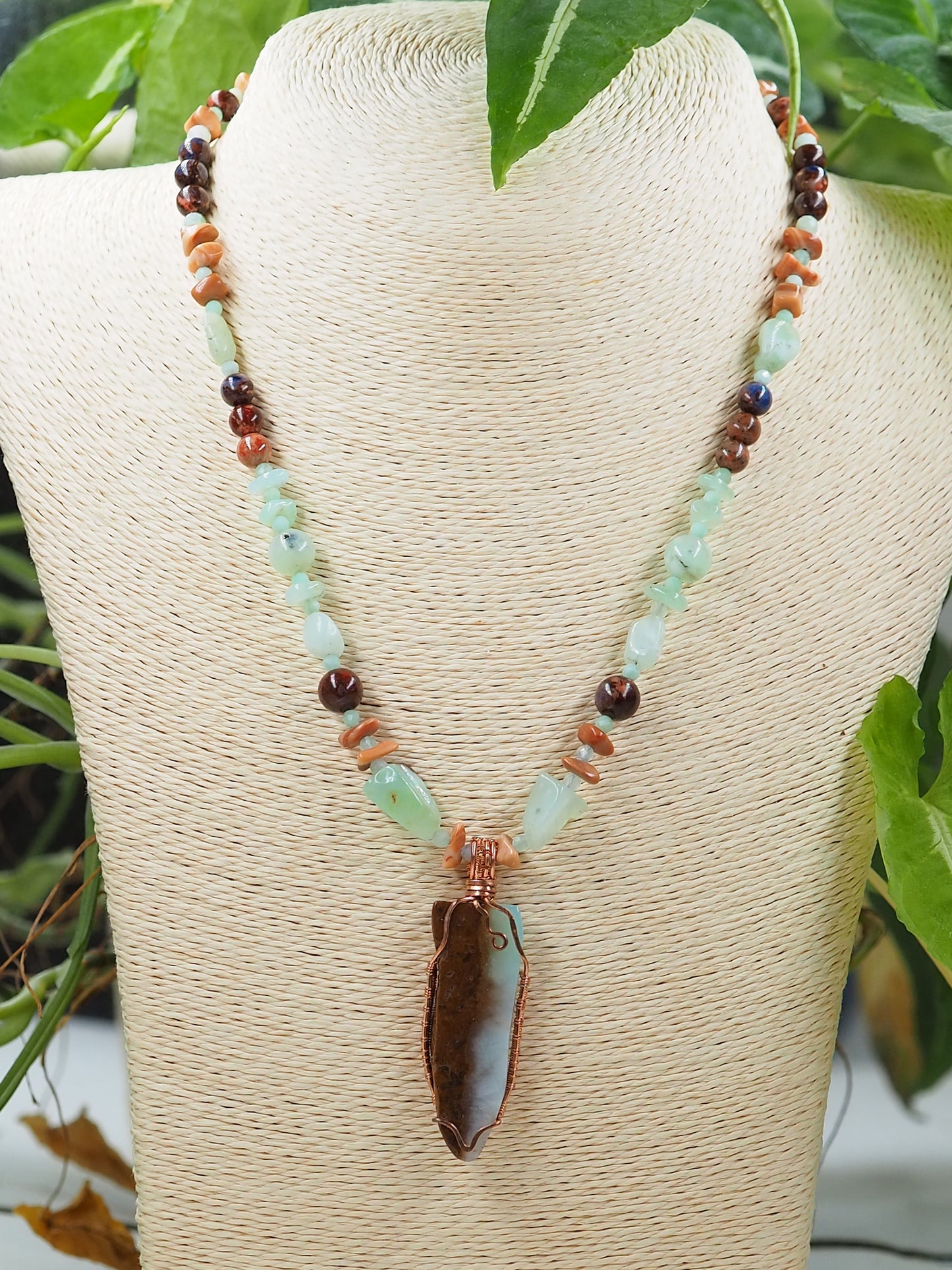 Australian Chrysoprase & Copper Pendant Necklace with Orange Sodalite & Red Agate