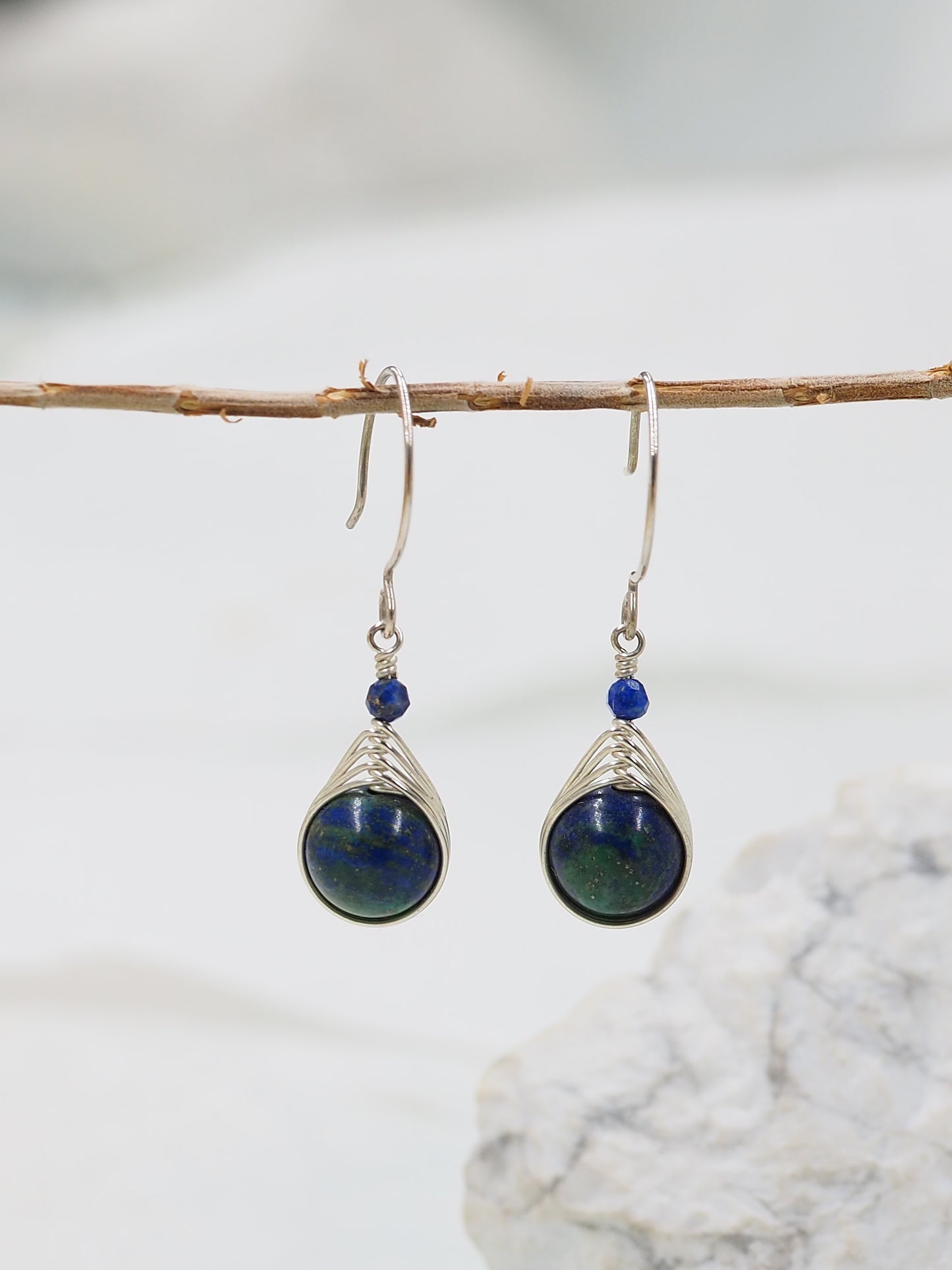 Hand Wire Wrapped Chrysocolla & Lapis Lazuli Earrings with Australian Sterling Silver