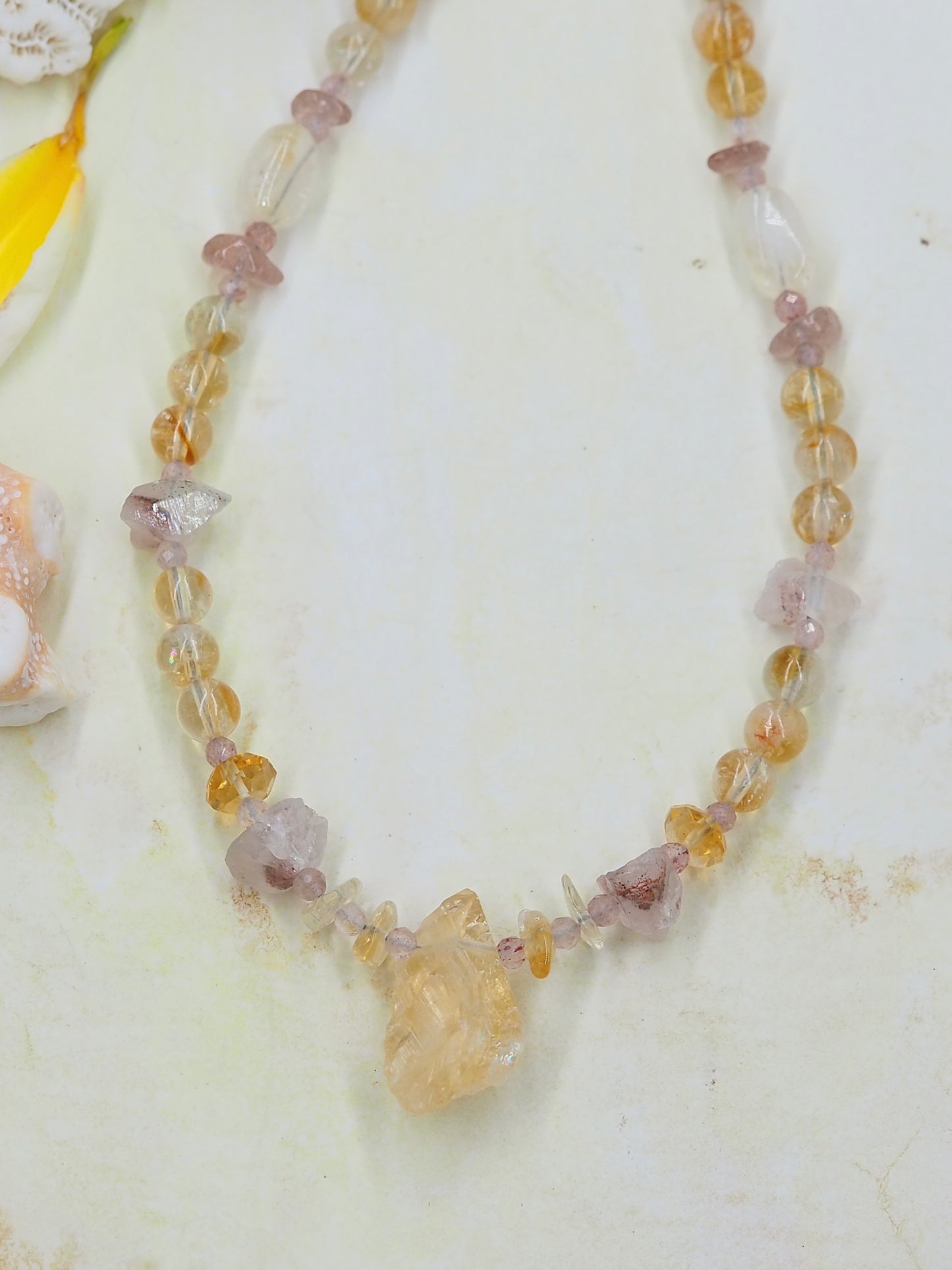 Citrine Rough Cut Nugget Choker Necklace with super 7 Lepidocrocite in Quartz, & Strawberry Quartz