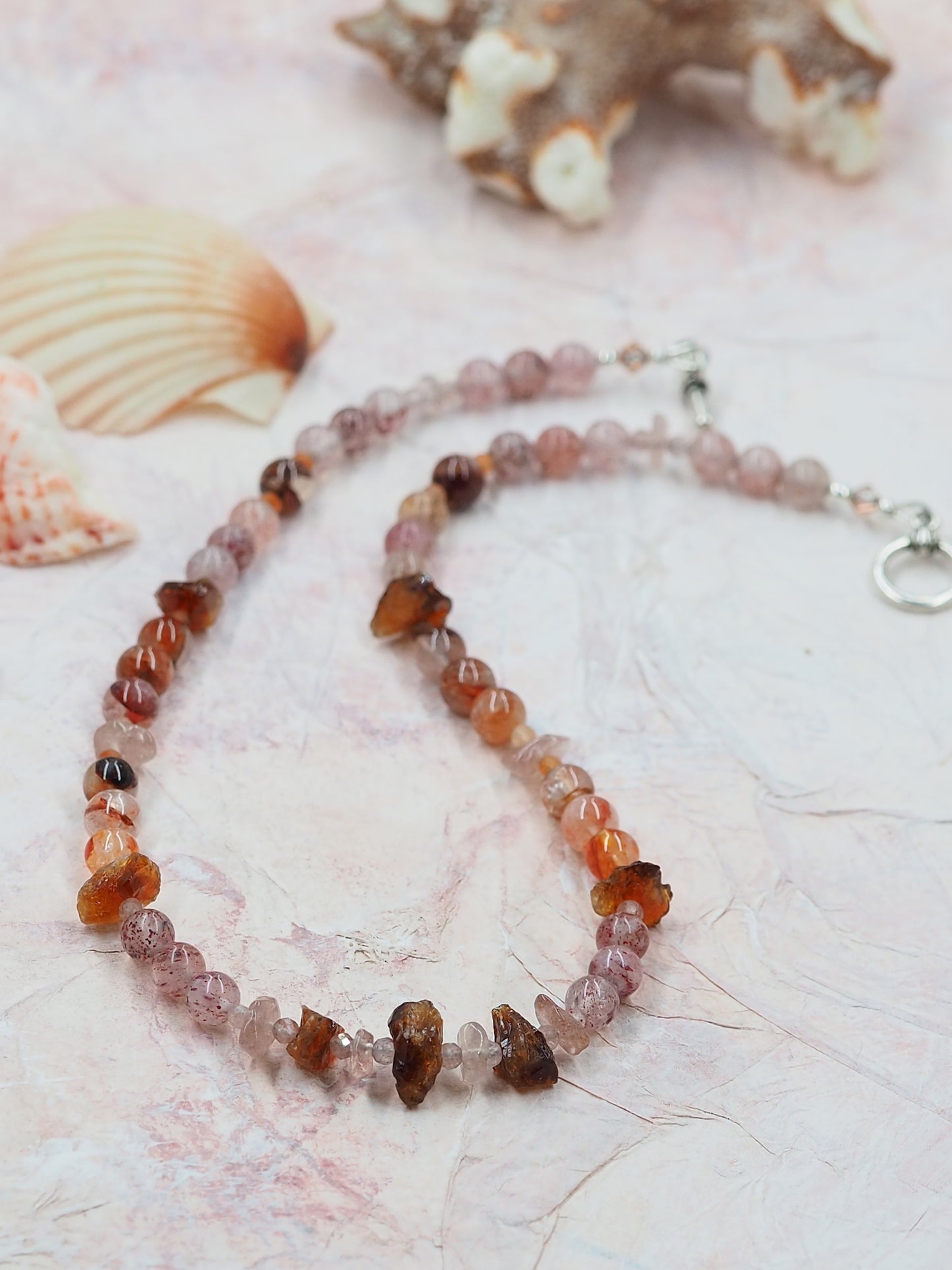 One of a Kind Citrine, Strawberry Quartz & Fire Quartz Necklace