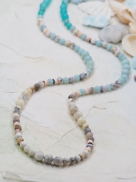 One-of-a-Kind Amazonite, Dendritic Opal & Luhanos Shell Heishe Long Necklace