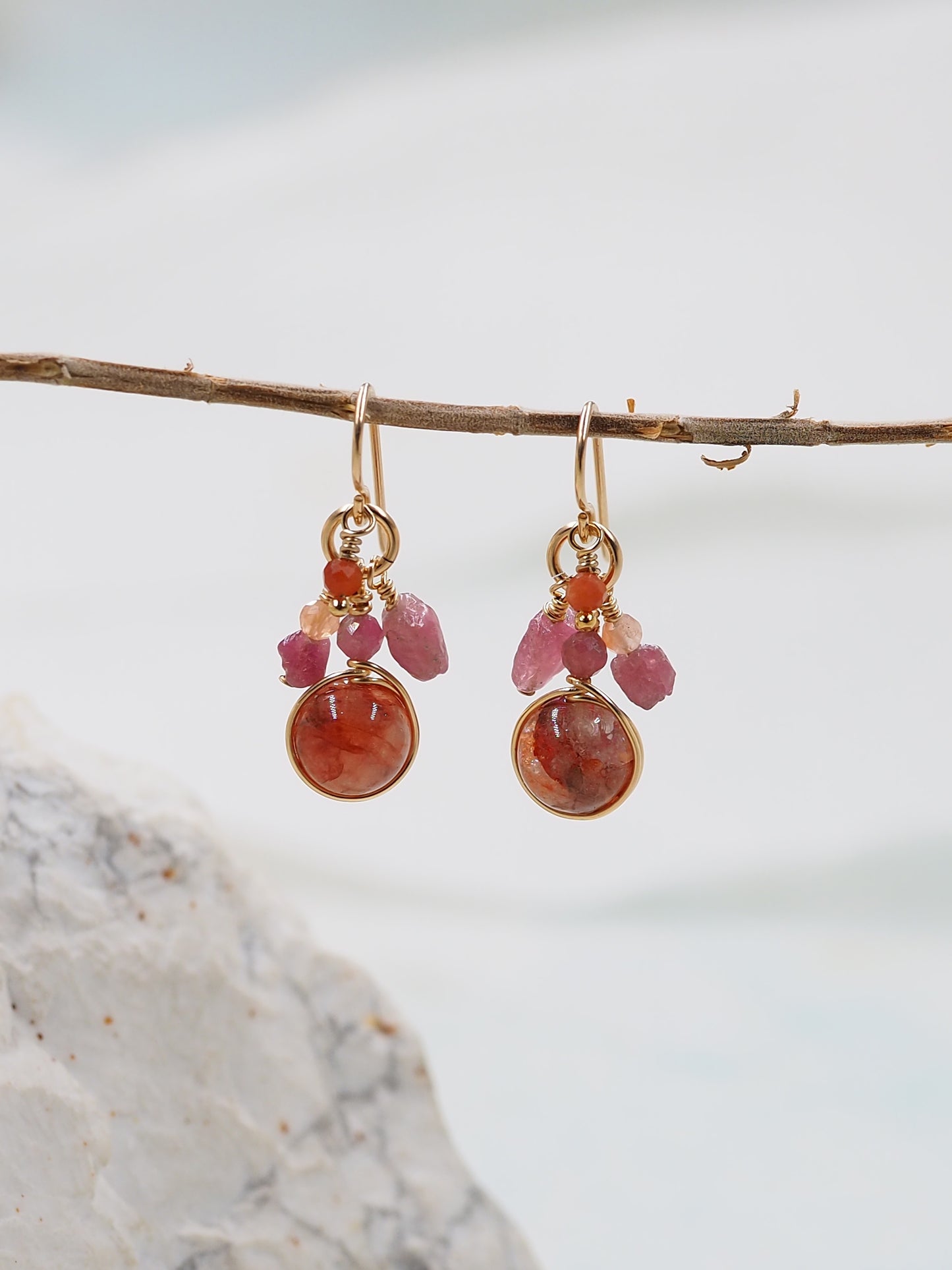 Hematoid Fire Quartz & Pink Tourmaline Gold Filled Cluster Earrings