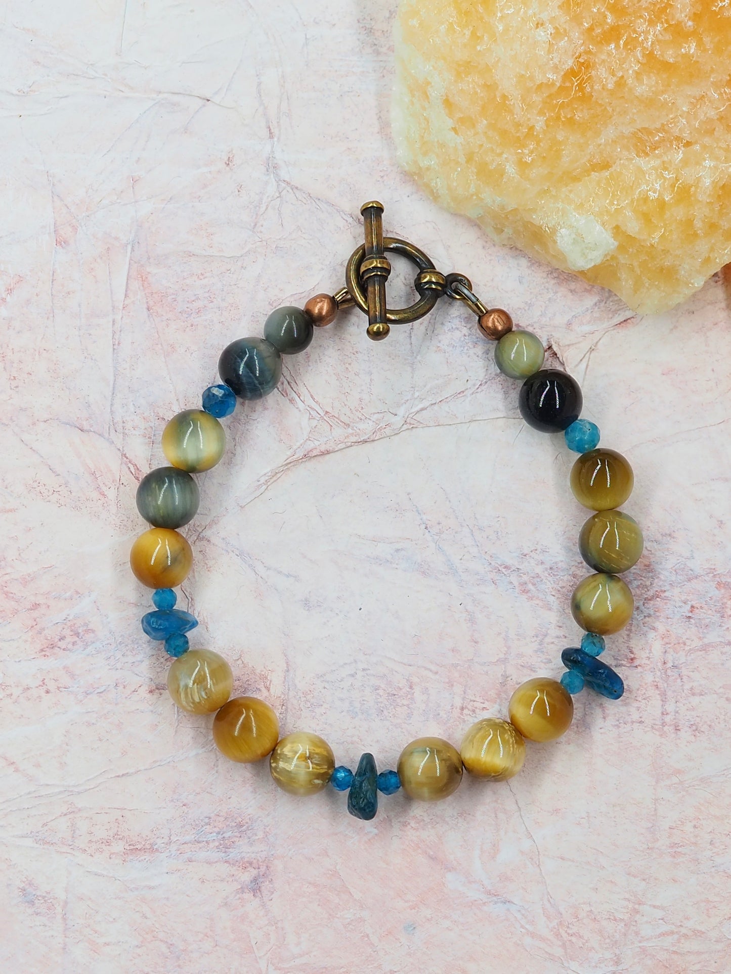 Golden-Blue Tiger Eye & Blue Apatite Beaded Bracelet