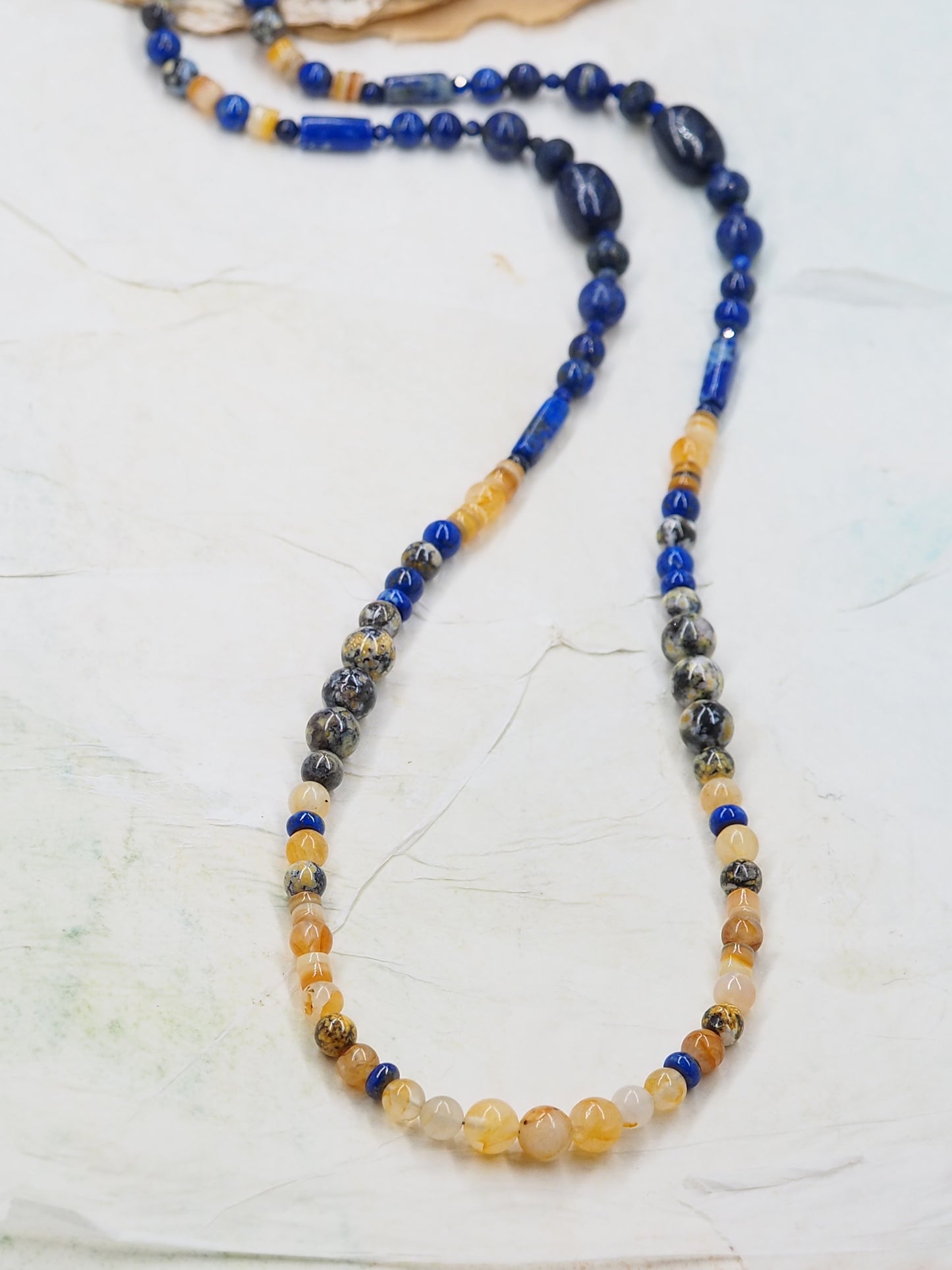 Lapis Lazuli & Golden Healer Quartz Crystal OOAK Long Necklace with Ocean-Blue Agate & Yellow Lip
