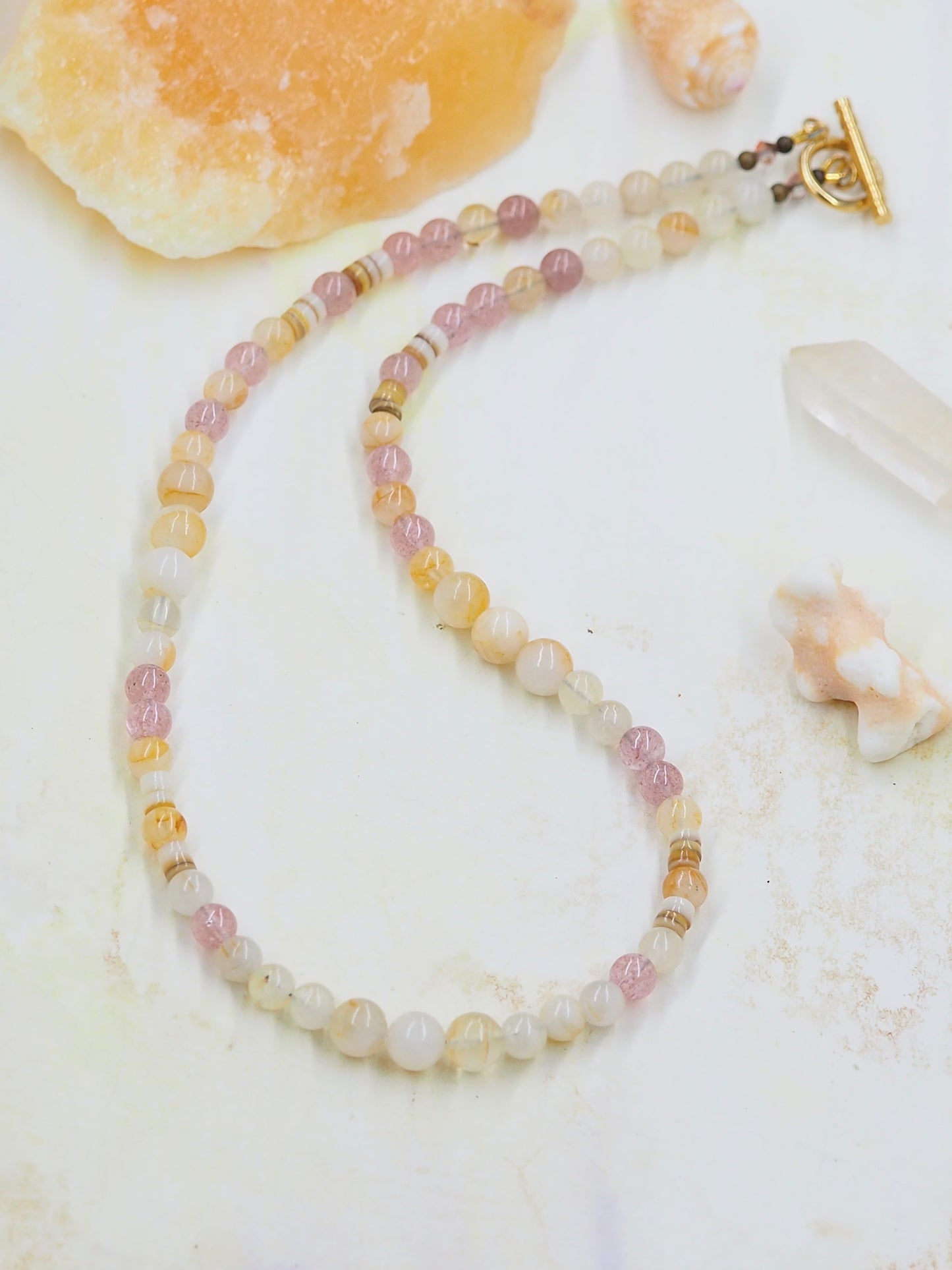 Golden Healer & Strawberry Quartz Hand Beaded Necklace