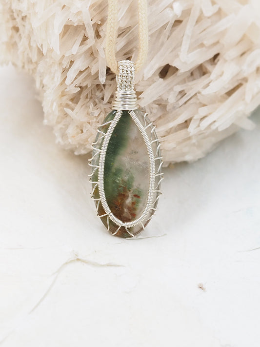 Green Phantom Quartz with Hematite Cabochon Pendant