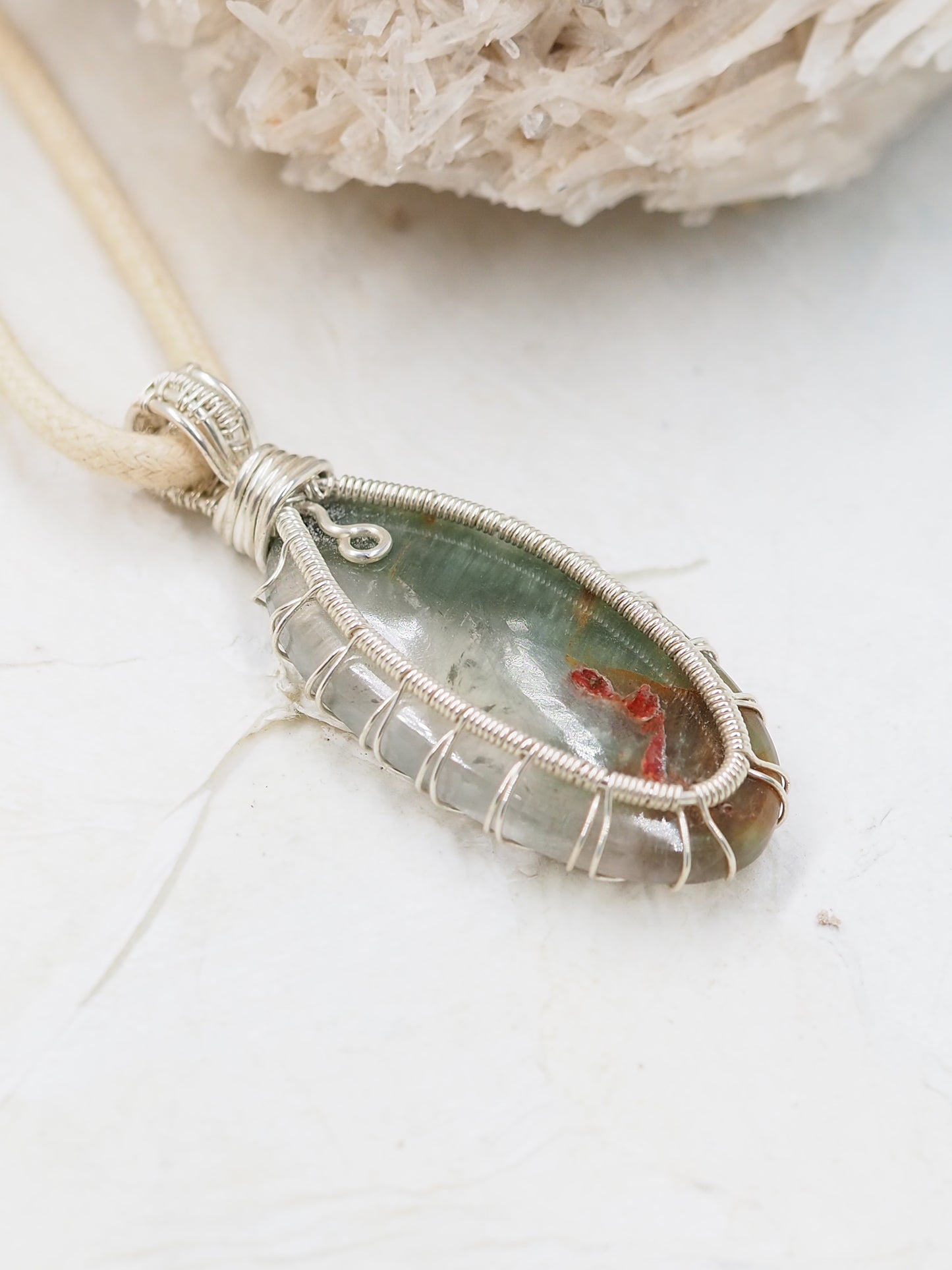 Green Phantom Quartz with Hematite Cabochon Pendant