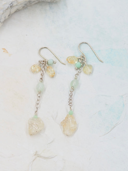 OOAK Golden Topaz, Citrine & Chrysoprase Long Drop Sterling Silver Earrings