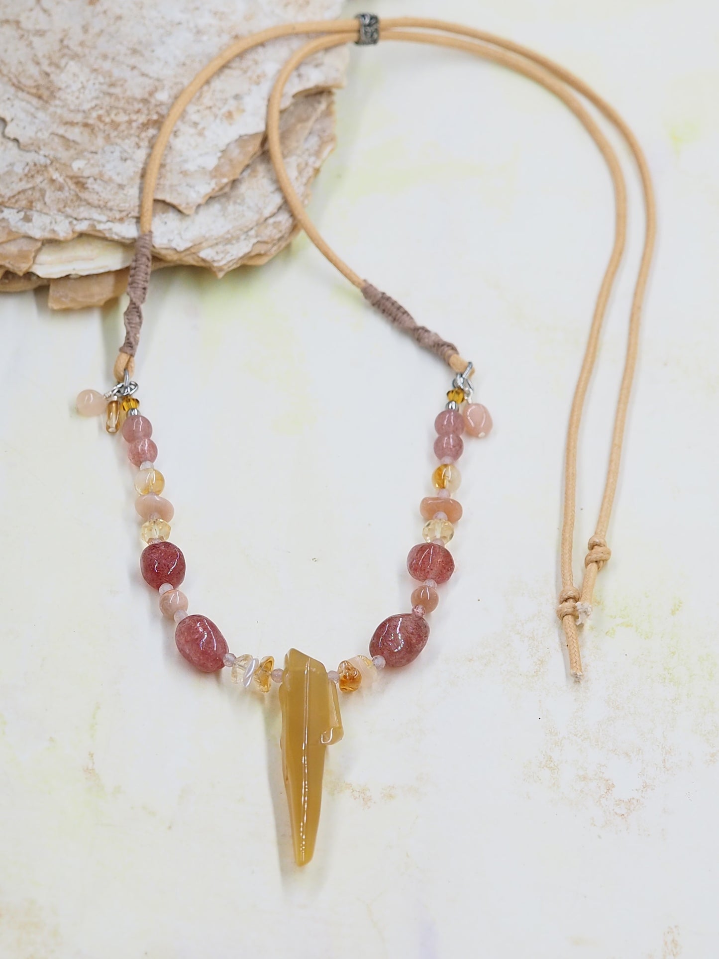 OOAK Golden Hematoid Companion Talisman Necklace, with Strawberry Quartz, Citrine & Sunstone