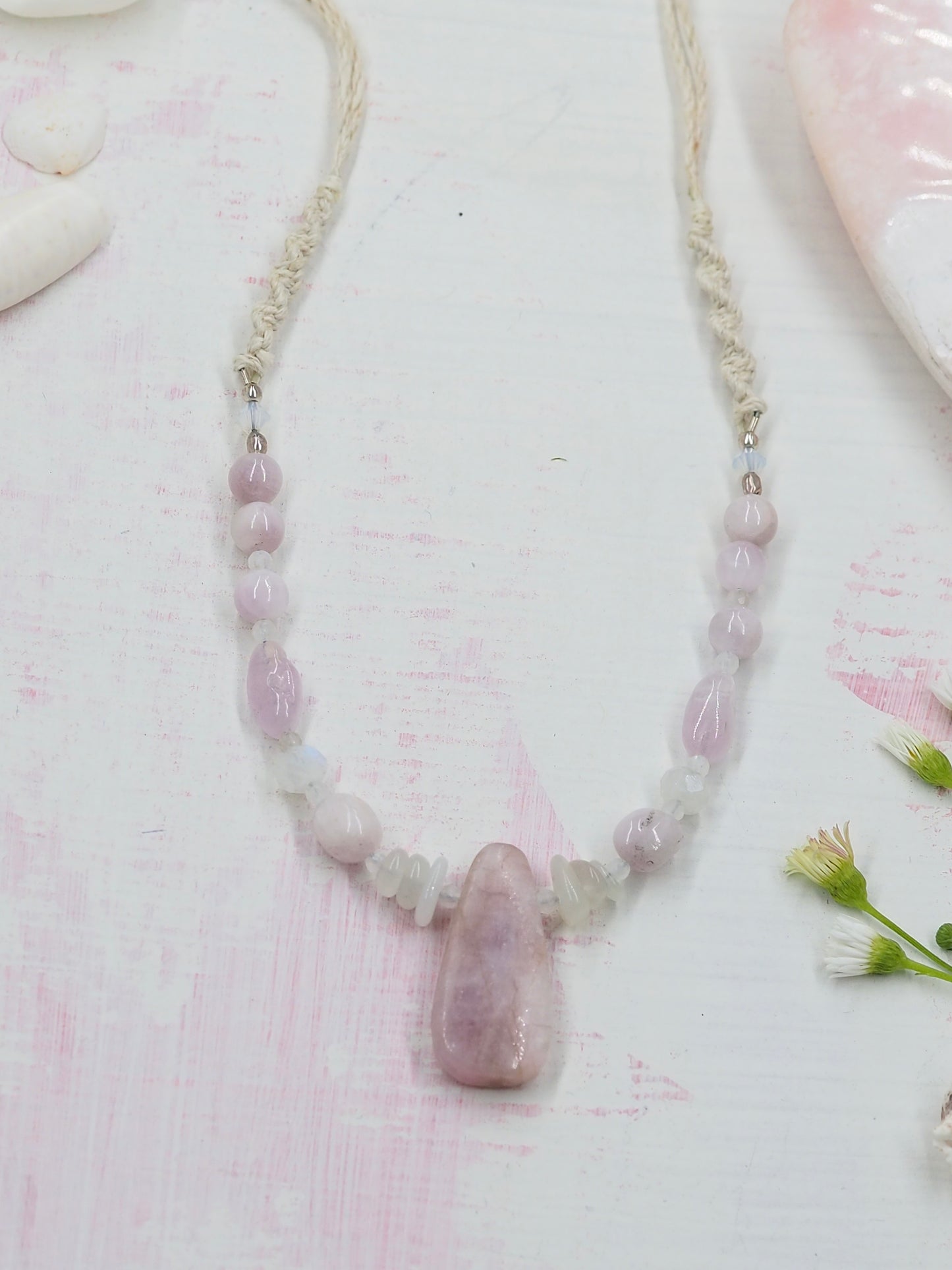 Kunzite and Rainbow Moonstone Pendant Necklace with Hand Knotted Details. ooak