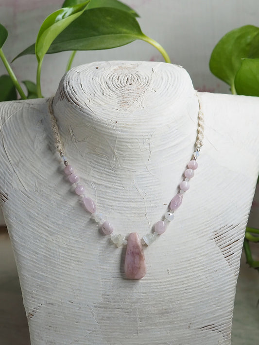 Kunzite and Rainbow Moonstone Pendant Necklace with Hand Knotted Details. ooak