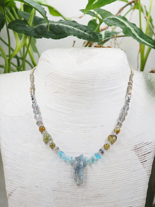 Blue Kyanite OOAK Necklace with Apatite, Green Garnet & Labradorite on Hemp