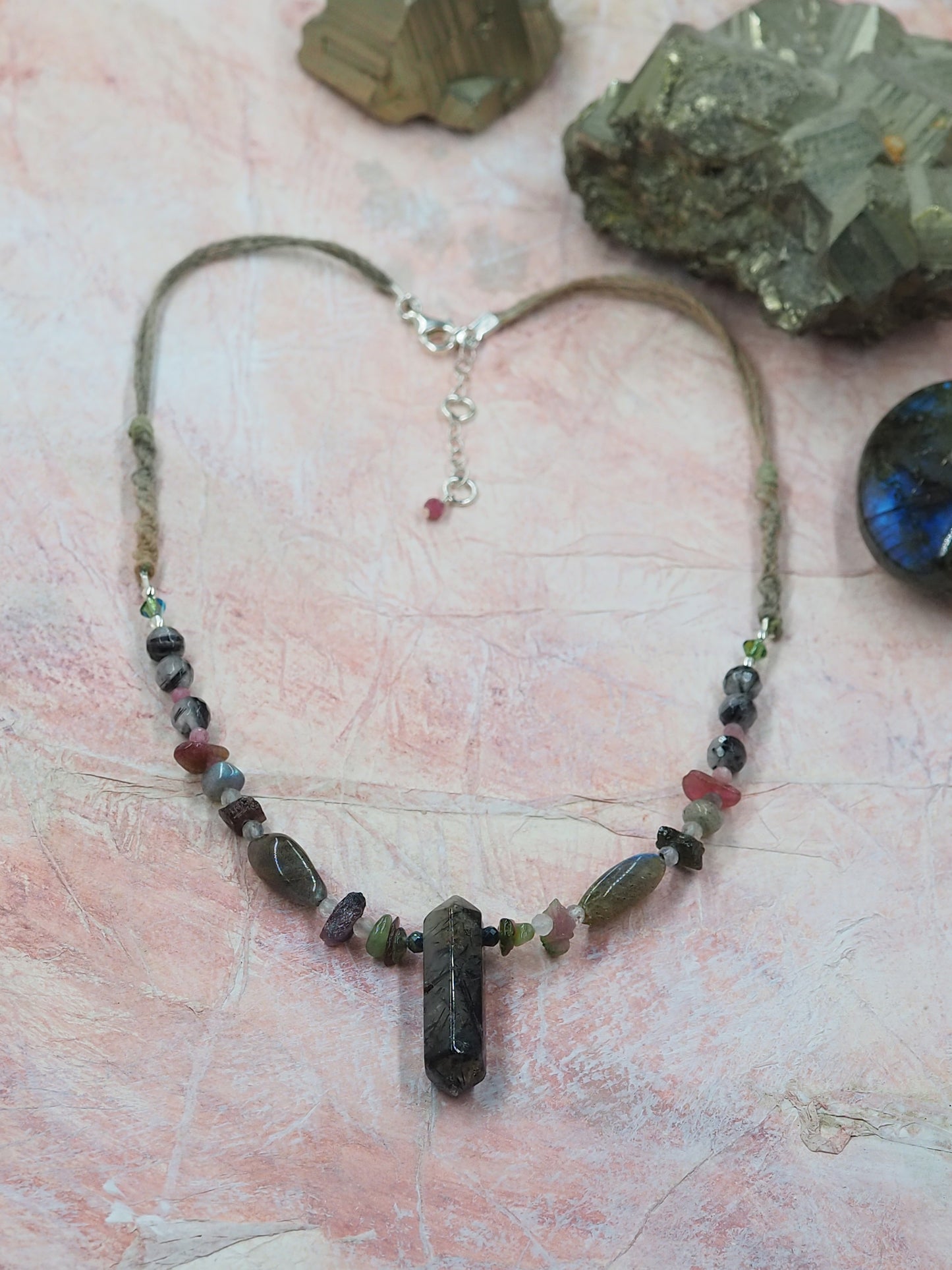 Tourmalinated Quartz Pendant Necklace with Labradorite, Tourmaline & hand knotted Hemp
