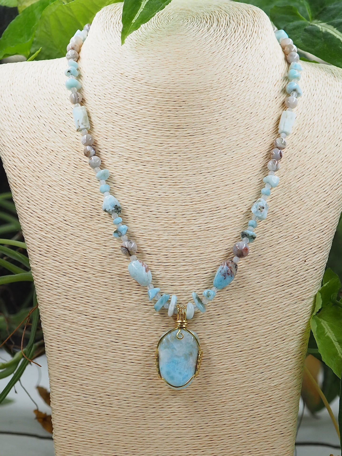 One-of-a-Kind Larimar, Rainbow Moonstone and Laguna Lace Agate Pendant Necklace