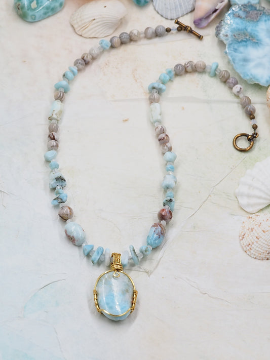 One-of-a-Kind Larimar, Rainbow Moonstone and Laguna Lace Agate Pendant Necklace