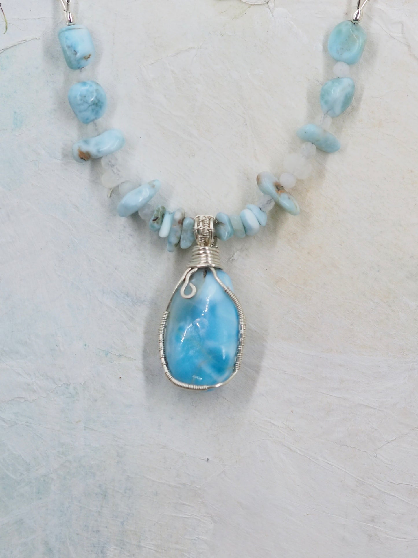 One-of-a-kind Larimar, Moonstone & Sterling Silver Hand Wrapped Pendant