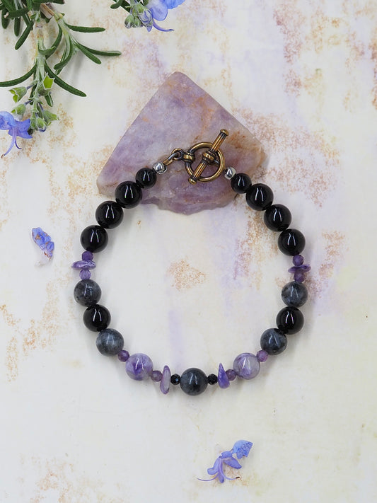 Onyx & Larvikite Beaded Bracelet with Charoite & Amethyst