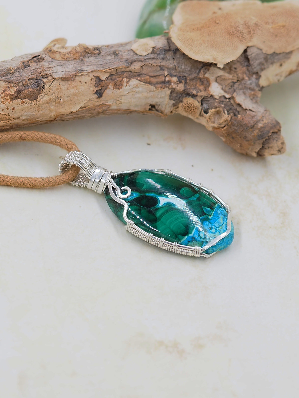 Natural Malachite & Chrysocolla Pendant Hand Wrapped with Australian Sterling Silver