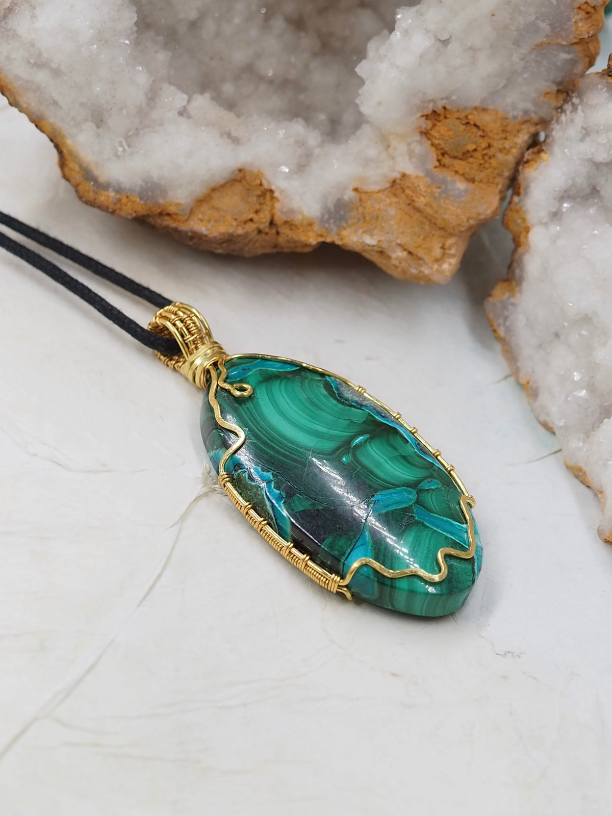 Natural Malachite & Chrysocolla Pendant Hand Wrapped with Brass